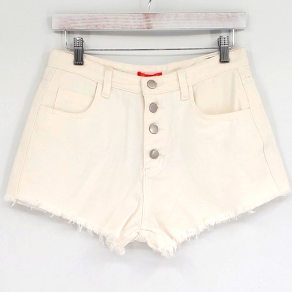 C & V Button Fly High Rise Cut Off Raw Hem White Daisy Duke Jean Short 28 NWT